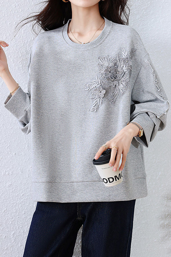 Loose Sweatshirt with Three-Dimensional Flower Embroidery - liwisi