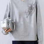 Loose Sweatshirt with Three-Dimensional Flower Embroidery - liwisi