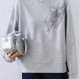 Loose Sweatshirt with Three-Dimensional Flower Embroidery - liwisi