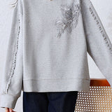 Loose Sweatshirt with Three-Dimensional Flower Embroidery - liwisi