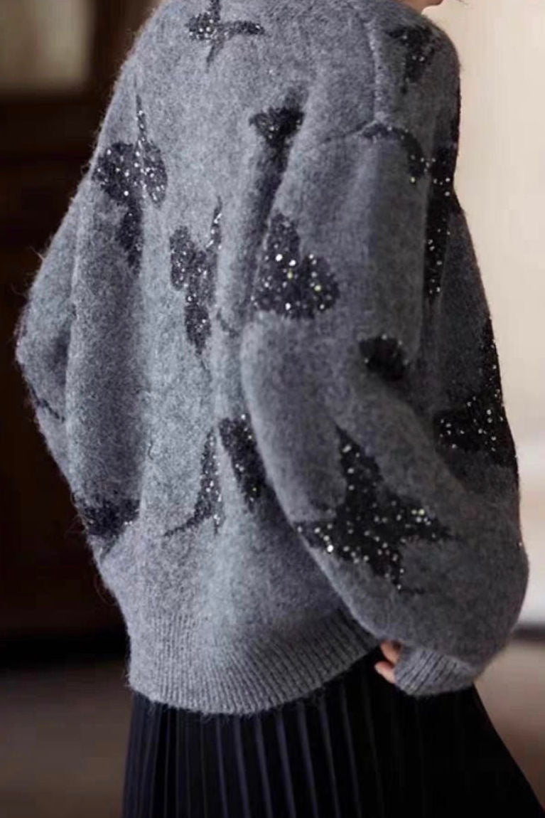 Elegant and Relaxed Yarn-Dyed Cardigan with Butterfly Sequins - liwisi