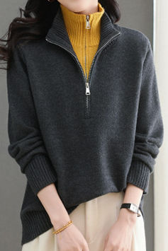 Casual Office Half-Open Neck Zip Sweater - liwisi