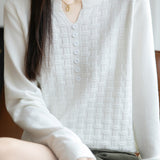 Casual Versatile V-Neck Decorative Button Textured Long-Sleeve Knitwear