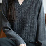 Casual Versatile V-Neck Decorative Button Textured Long-Sleeve Knitwear