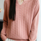 Casual Versatile V-Neck Decorative Button Textured Long-Sleeve Knitwear