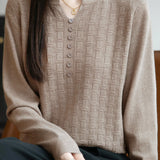 Casual Versatile V-Neck Decorative Button Textured Long-Sleeve Knitwear