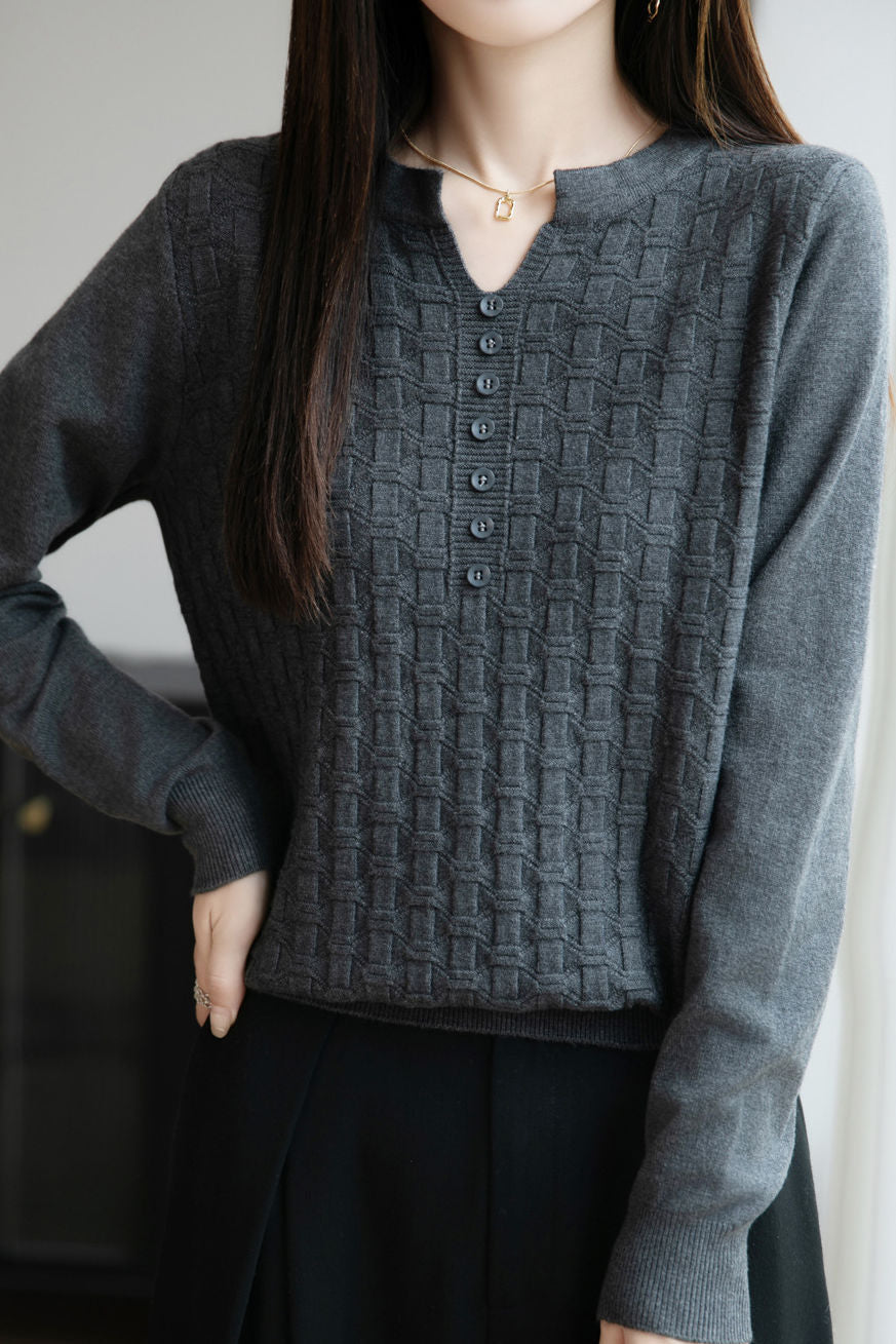 Casual Versatile V-Neck Decorative Button Textured Long-Sleeve Knitwear - liwisi