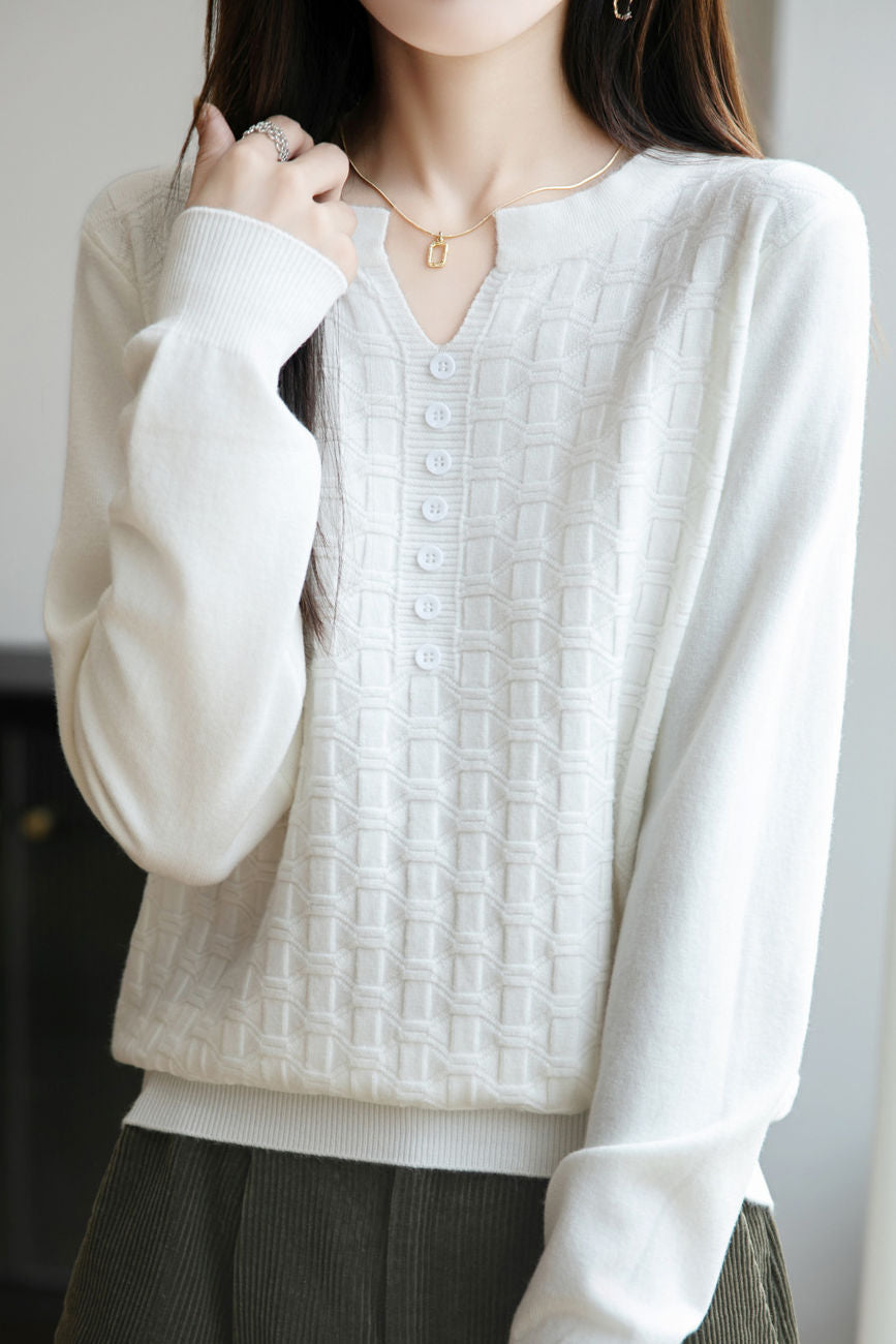 Casual Versatile V-Neck Decorative Button Textured Long-Sleeve Knitwear - liwisi