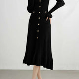 Elegant V-Neck Waist-Cinched Knitted Dress