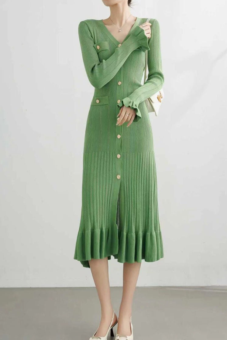 Elegant V-Neck Waist-Cinched Knitted Dress - liwisi
