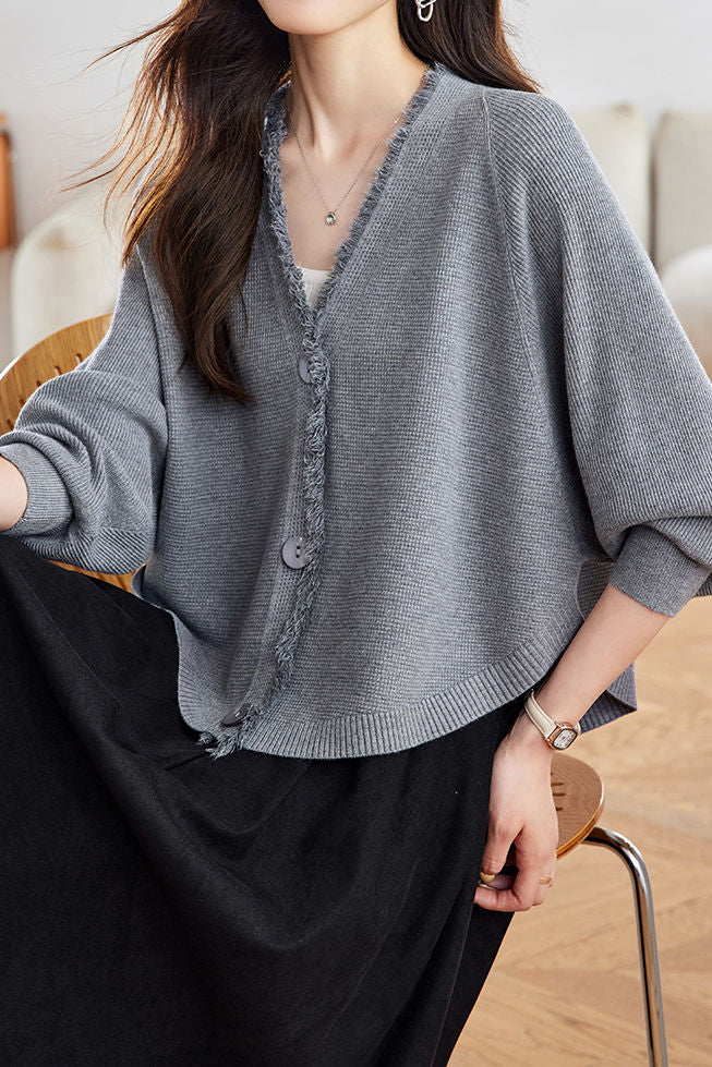 Casual Batwing Sleeve Fringed Knit Cardigan - liwisi