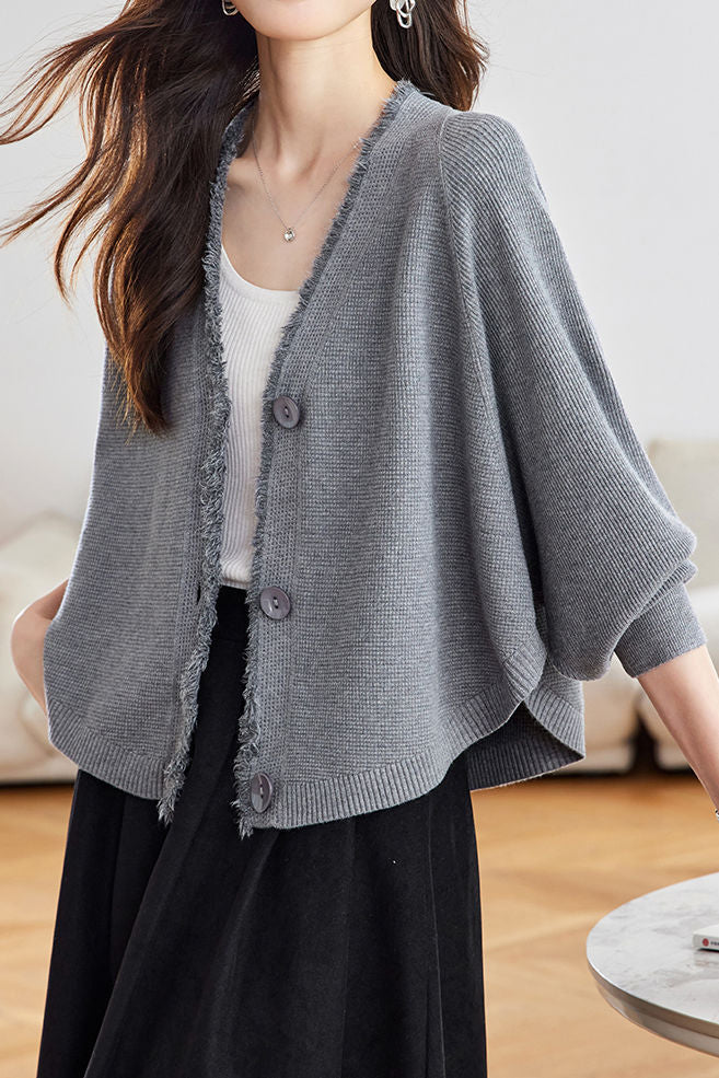 Casual Batwing Sleeve Fringed Knit Cardigan - liwisi