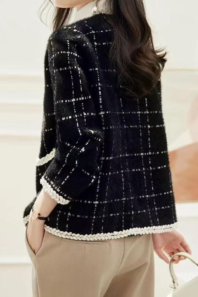 Elegant Single-Breasted Plaid Woolen Coat - liwisi