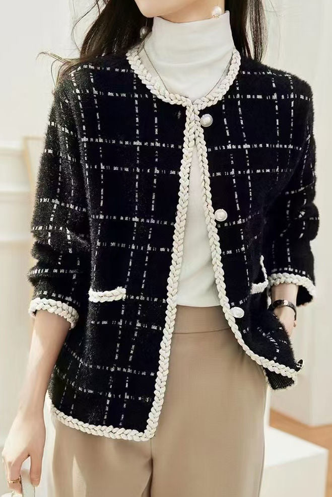 Elegant Single-Breasted Plaid Woolen Coat - liwisi