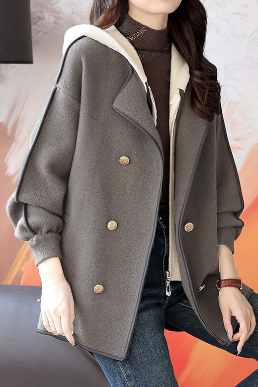 Casual Hooded Fake Two-Piece Double-Breasted Coat - liwisi
