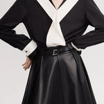 Black-White Color-Block V-Neck Long-Sleeve Shirt - liwisi