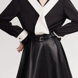 Black-White Color-Block V-Neck Long-Sleeve Shirt - liwisi