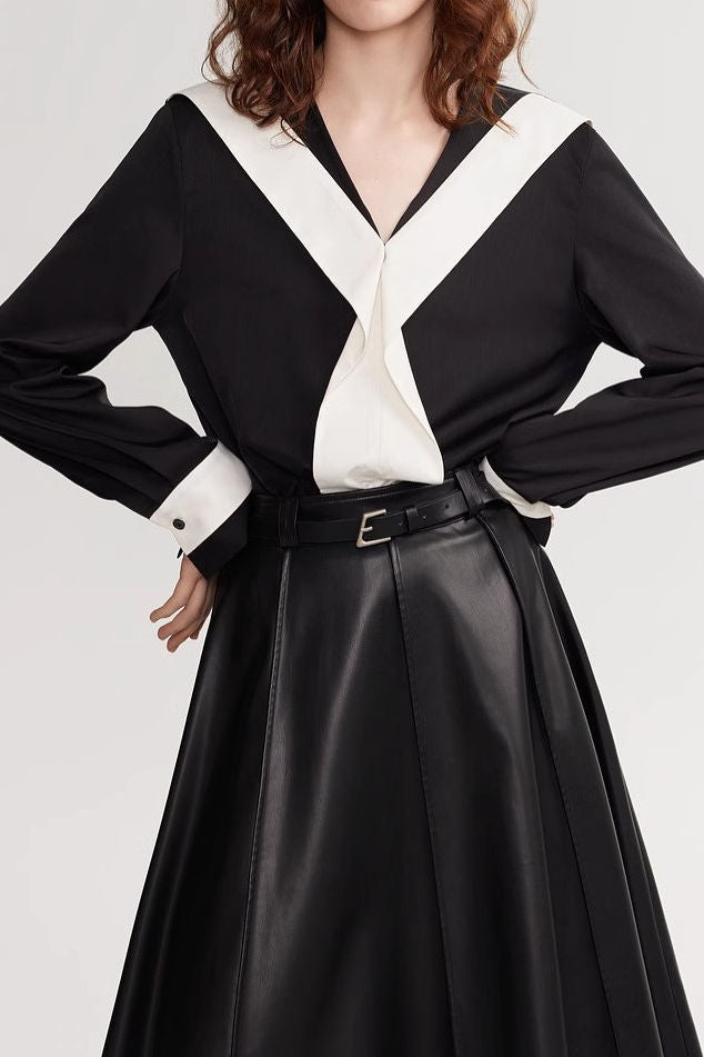 Black-White Color-Block V-Neck Long-Sleeve Shirt - liwisi