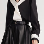 Black-White Color-Block V-Neck Long-Sleeve Shirt - liwisi