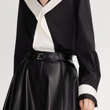 Black-White Color-Block V-Neck Long-Sleeve Shirt - liwisi