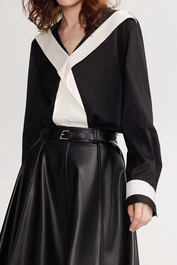 Black-White Color-Block V-Neck Long-Sleeve Shirt - liwisi