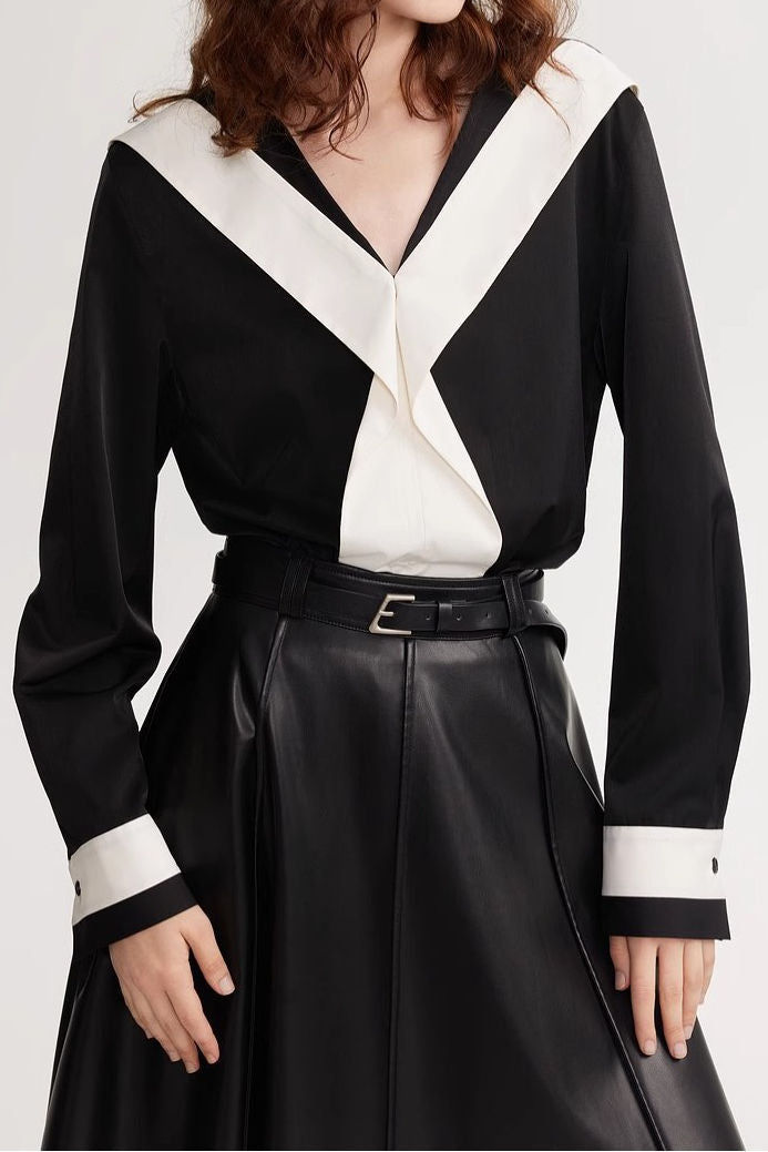Black-White Color-Block V-Neck Long-Sleeve Shirt - liwisi