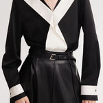 Black-White Color-Block V-Neck Long-Sleeve Shirt - liwisi