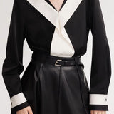 Black-White Color-Block V-Neck Long-Sleeve Shirt - liwisi