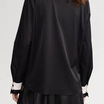 Black-White Color-Block V-Neck Long-Sleeve Shirt - liwisi