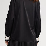 Black-White Color-Block V-Neck Long-Sleeve Shirt - liwisi
