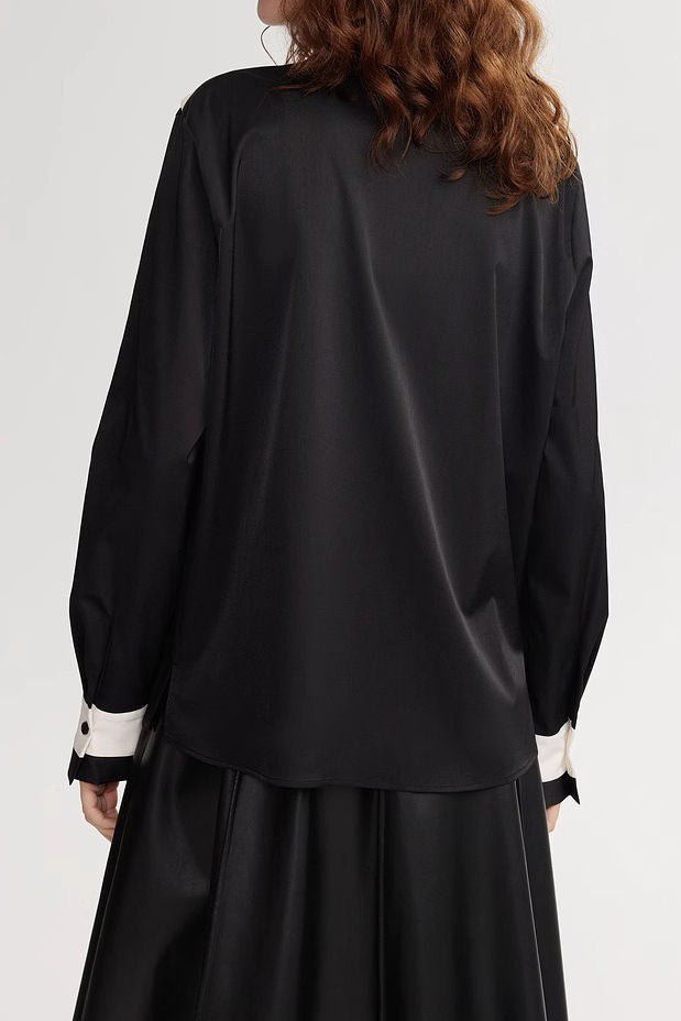 Black-White Color-Block V-Neck Long-Sleeve Shirt - liwisi