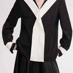 Black-White Color-Block V-Neck Long-Sleeve Shirt - liwisi