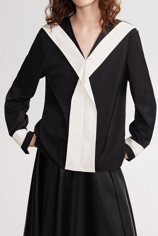 Black-White Color-Block V-Neck Long-Sleeve Shirt - liwisi