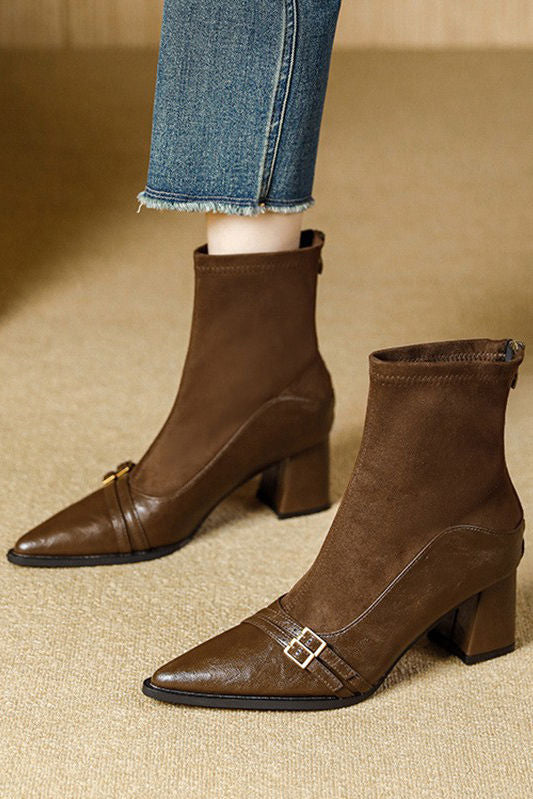Vintage Brown Chunky Heeled Ankle Boots - liwisi