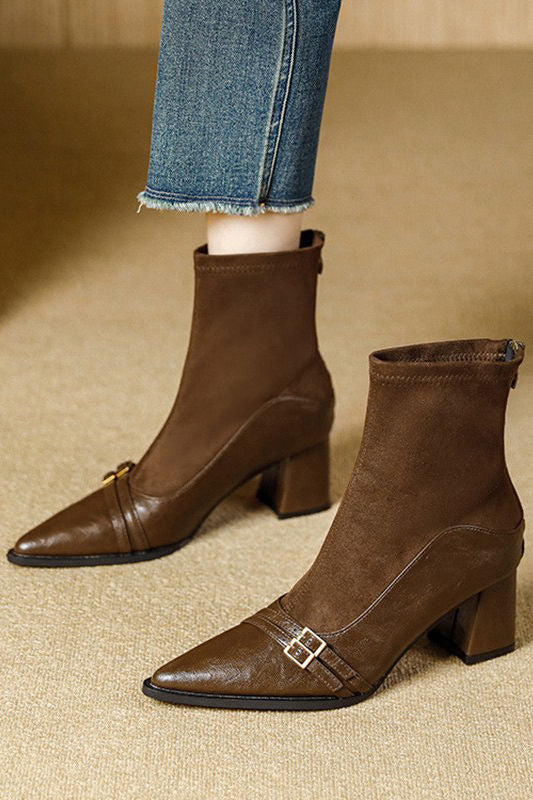 Vintage Brown Chunky Heeled Ankle Boots - liwisi