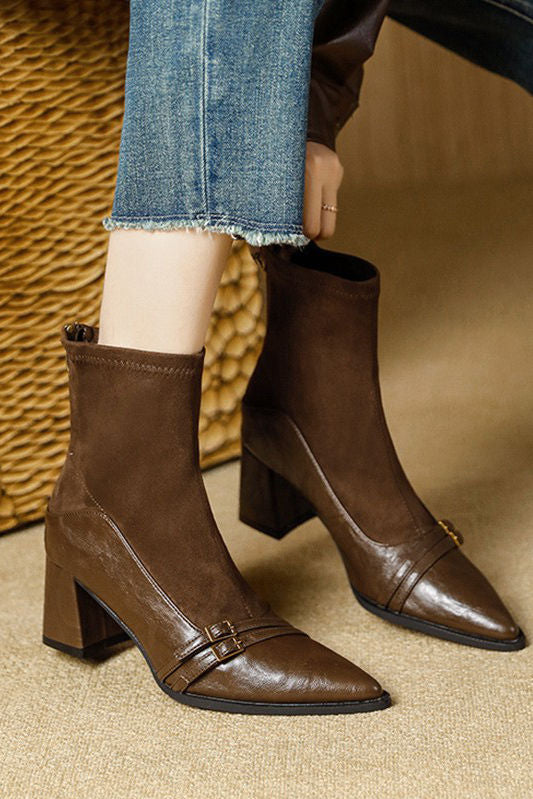 Vintage Brown Chunky Heeled Ankle Boots - liwisi