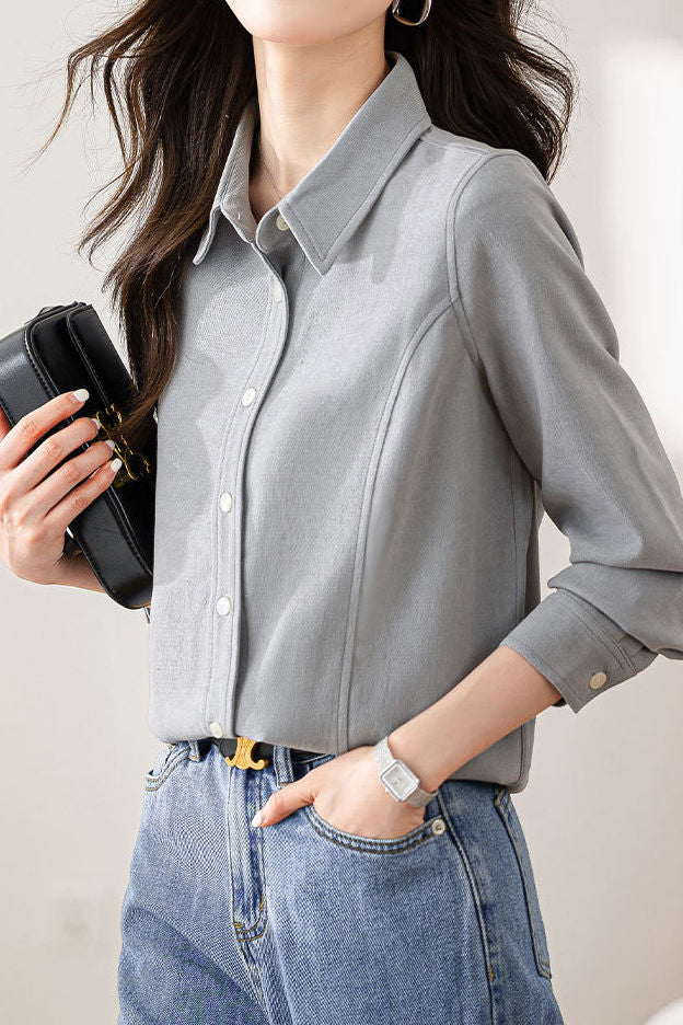 Brushed Velvet Solid Color Long Sleeve Shirt - liwisi