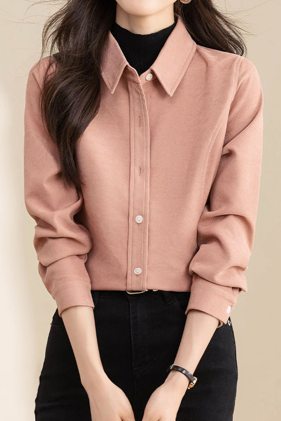 Brushed Velvet Solid Color Long Sleeve Shirt - liwisi