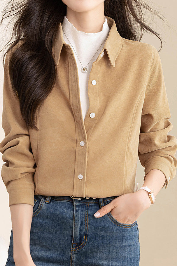 Brushed Velvet Solid Color Long Sleeve Shirt - liwisi