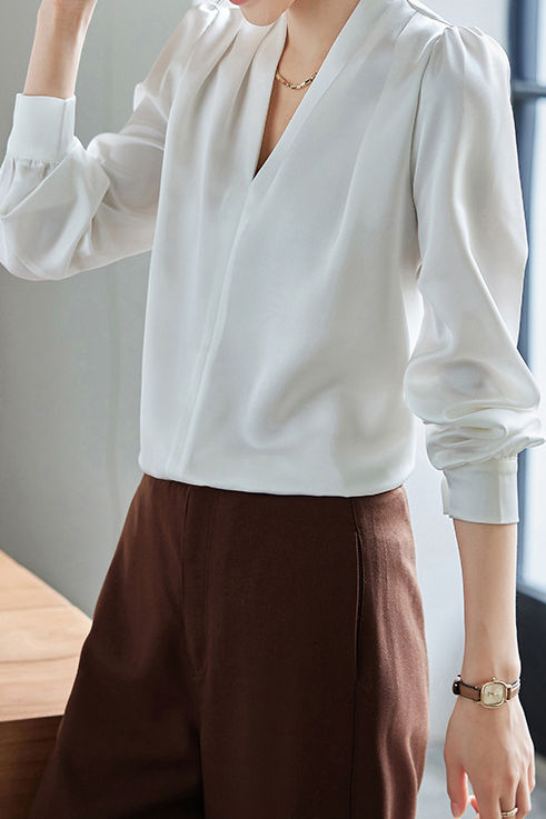 Exquisite Long Sleeve V-Neck Satin Shirt - liwisi