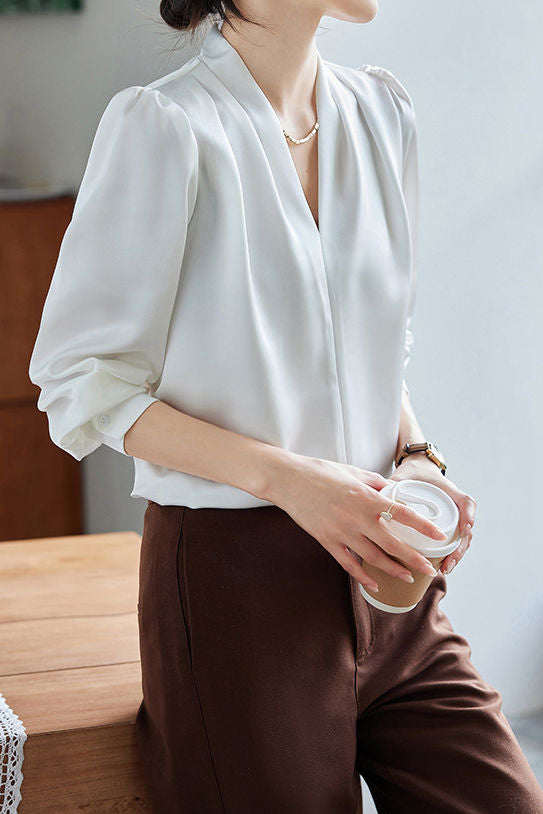 Exquisite Long Sleeve V-Neck Satin Shirt - liwisi