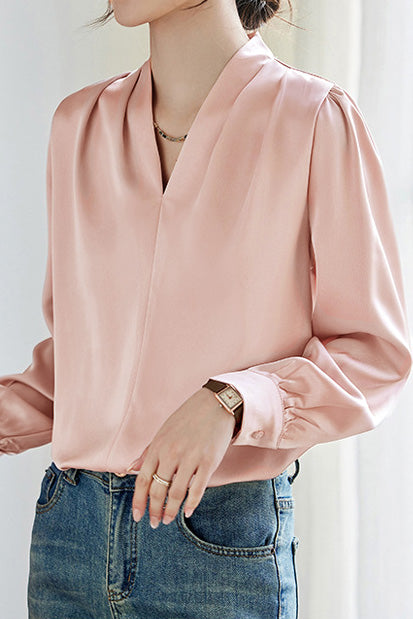Exquisite Long Sleeve V-Neck Satin Shirt - liwisi
