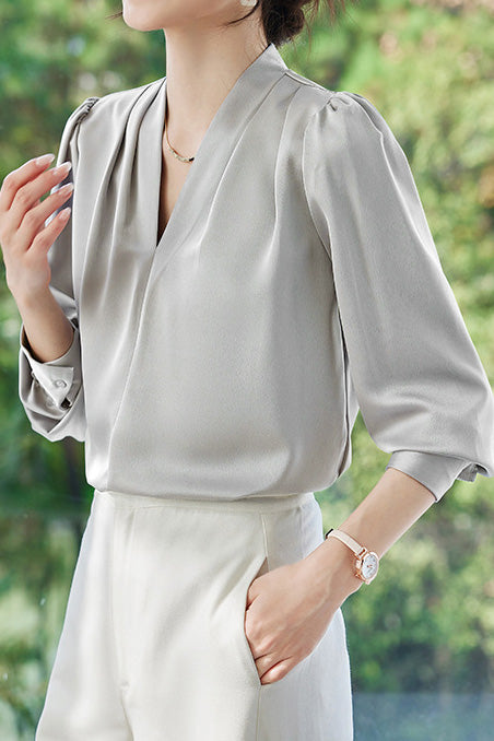 Exquisite Long Sleeve V-Neck Satin Shirt - liwisi