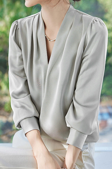 Exquisite Long Sleeve V-Neck Satin Shirt - liwisi