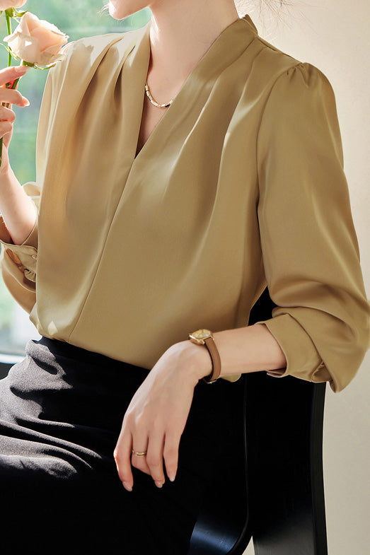 Exquisite Long Sleeve V-Neck Satin Shirt - liwisi