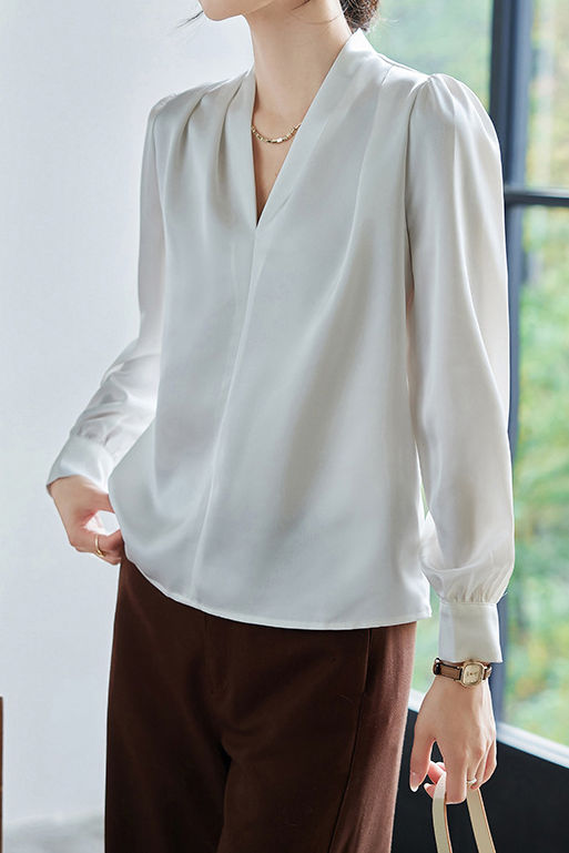 Exquisite Long Sleeve V-Neck Satin Shirt - liwisi