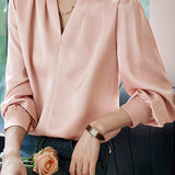 Exquisite Long Sleeve V-Neck Satin Shirt - liwisi
