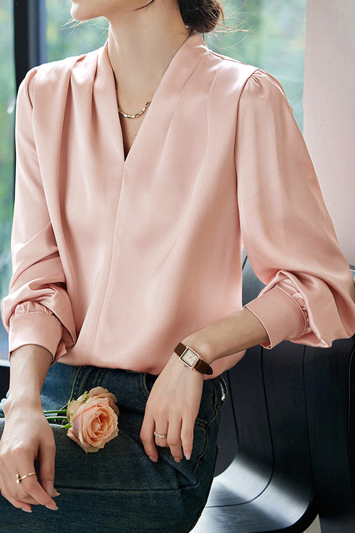 Exquisite Long Sleeve V-Neck Satin Shirt - liwisi