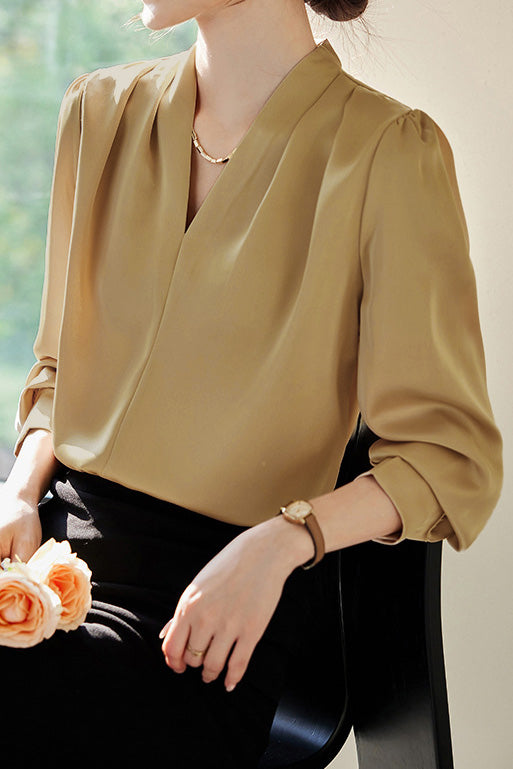 Exquisite Long Sleeve V-Neck Satin Shirt - liwisi