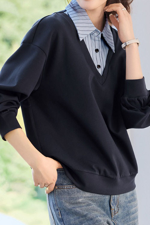 Color Block Faux Two-Piece Collared Sweatshirt - liwisi